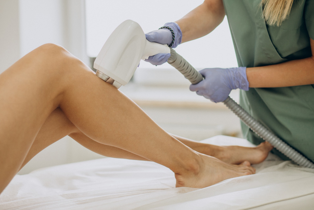Woman receiving laser hair reduction treatment on the underarm at a professional skin and laser clinic.